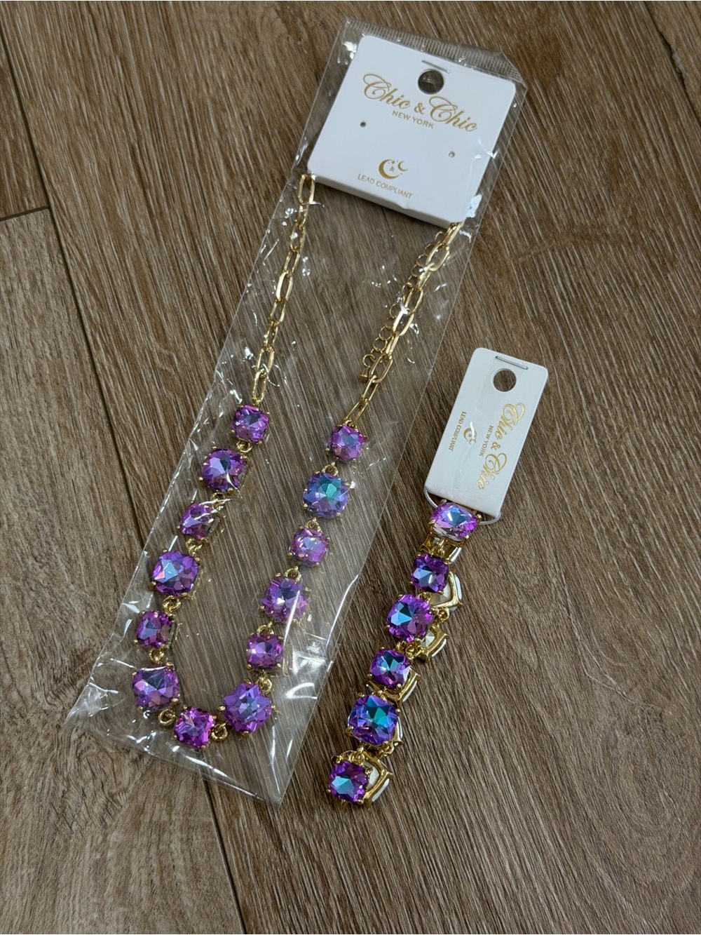 NWT Chic & Chic Purple AB Cushion Square Stone Crystal Necklace and Bracelet Set - Picture 3 of 8
